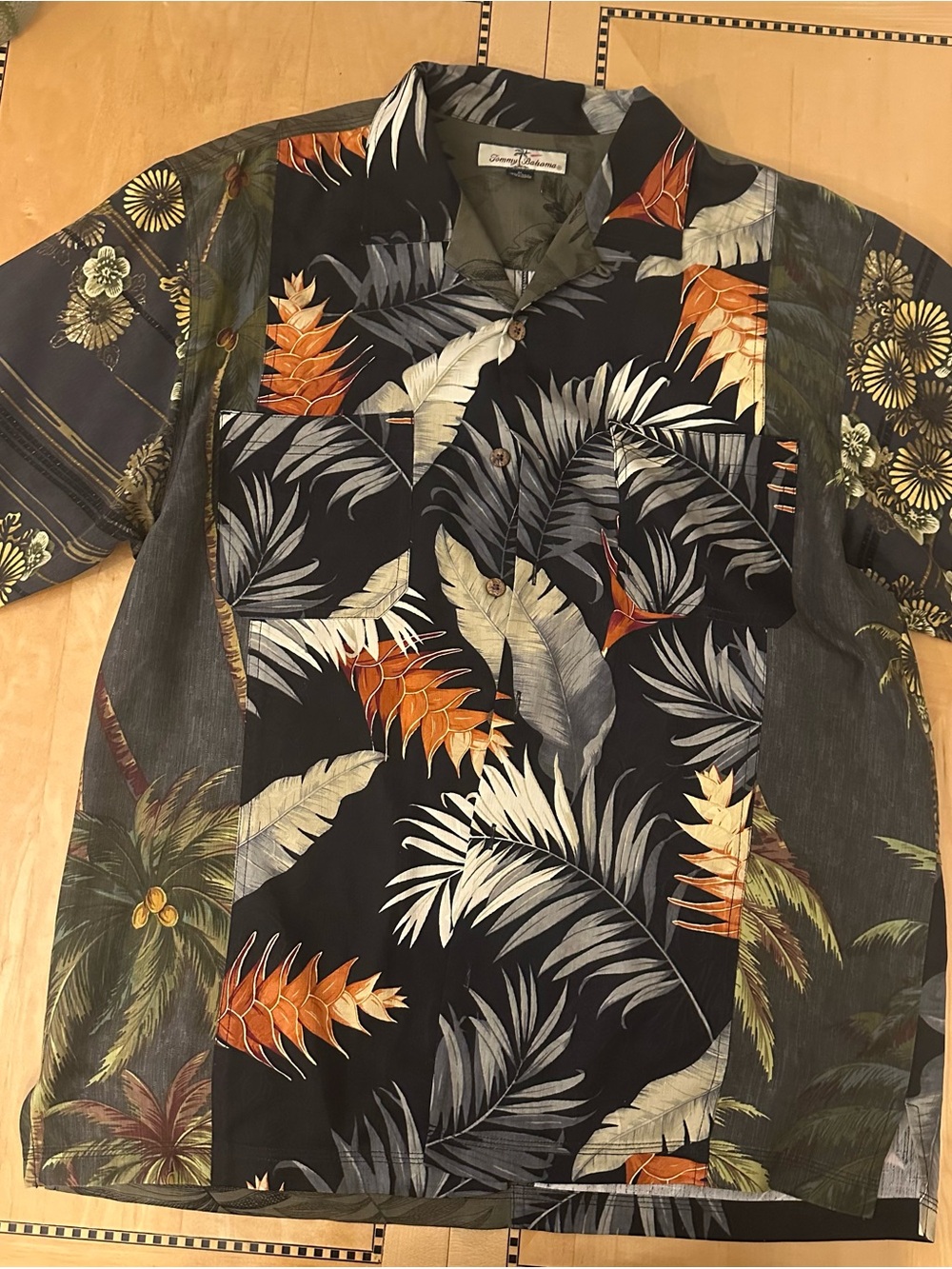 Tommy Bahama Black Tropical Print Button-Down Shirt with Orange & Cream Accents